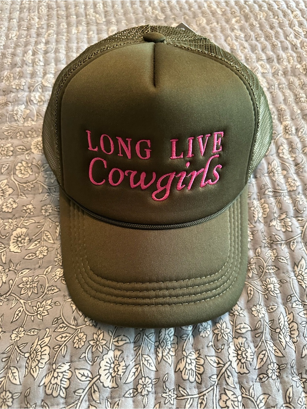 Olive Green Trucker Hat with Pink "Long Live Cowgirls" Embroidery